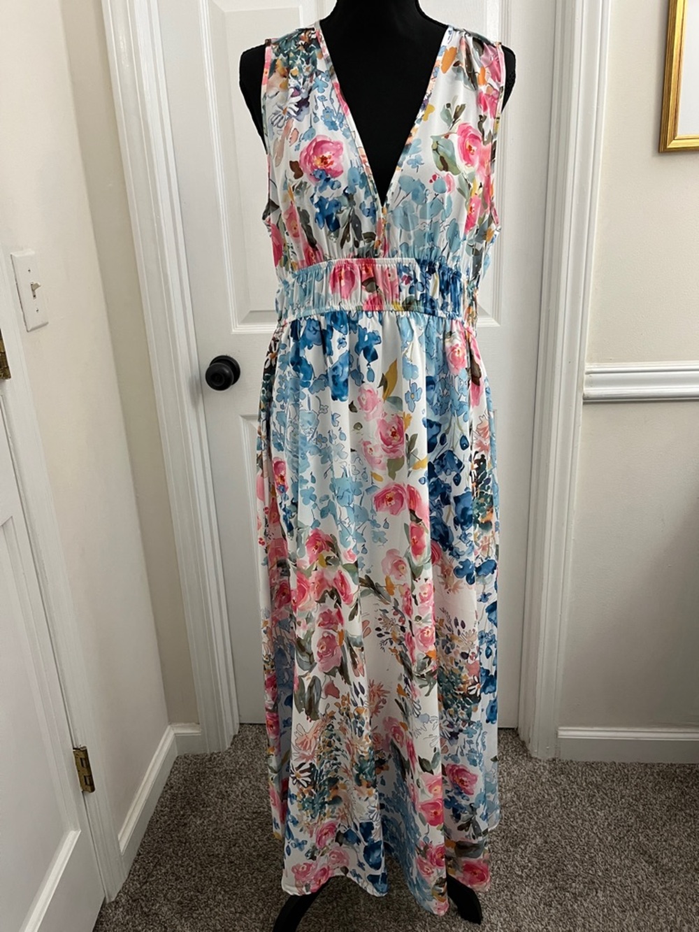 Floral V-Neck Sleeveless Maxi Dress in White with Pink & Blue Floral Print